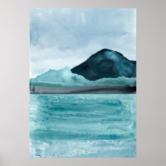 Watercolor abstract blue lake landscape Modern art Poster