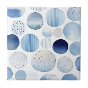 Watercolor Abstract Blue White Circles Pattern Ceramic Tile