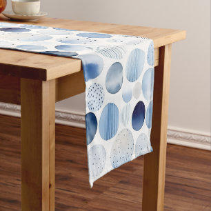 Watercolor Abstract Blue White Circles Pattern Short Table Runner