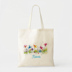 Watercolor Abstract Boho Wildflowers Blue Pink Tote Bag
