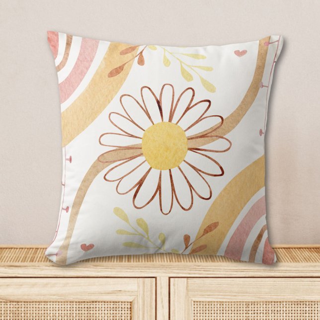 Watercolor Abstract Botanical Flower and Rainbow Cushion (In situ)