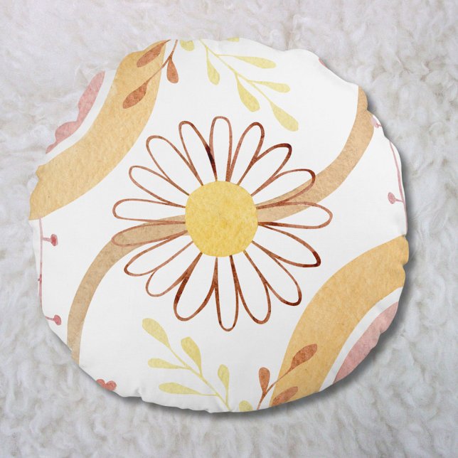 Watercolor Abstract Botanical Flower and Rainbow Round Cushion (In situ)