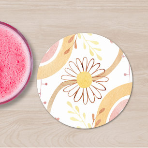 Watercolor Abstract Botanical Flower and Rainbow Round Paper Coaster