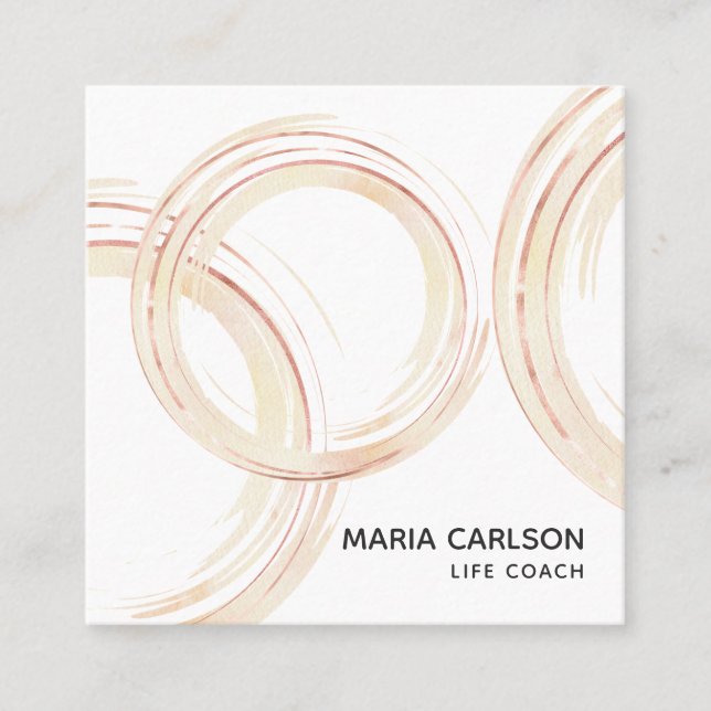 Watercolor abstract circles brushstrokes rosegold square business card (Front)