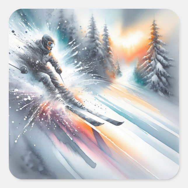 Watercolor Abstract Downhill Skier Square Sticker (Front)