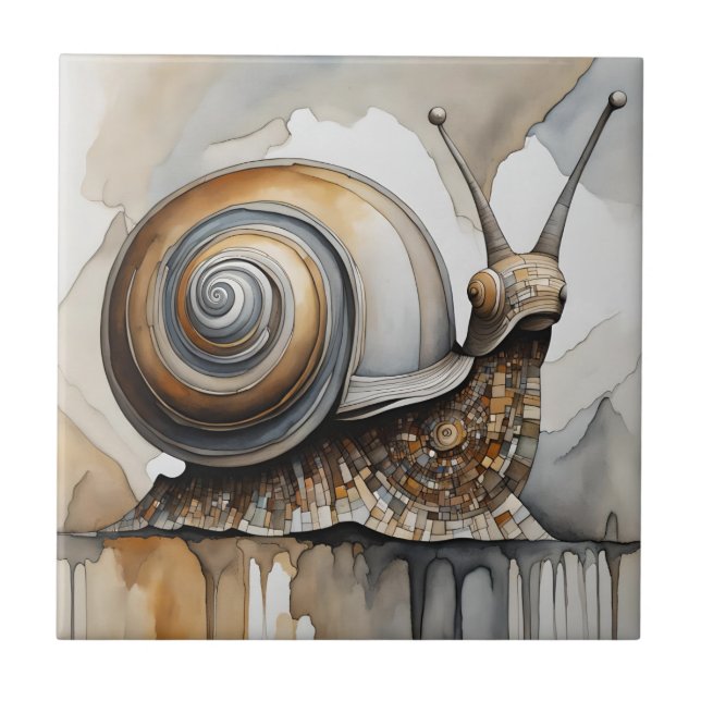 Watercolor Abstract Expressionist Beige Snail Ceramic Tile (Front)