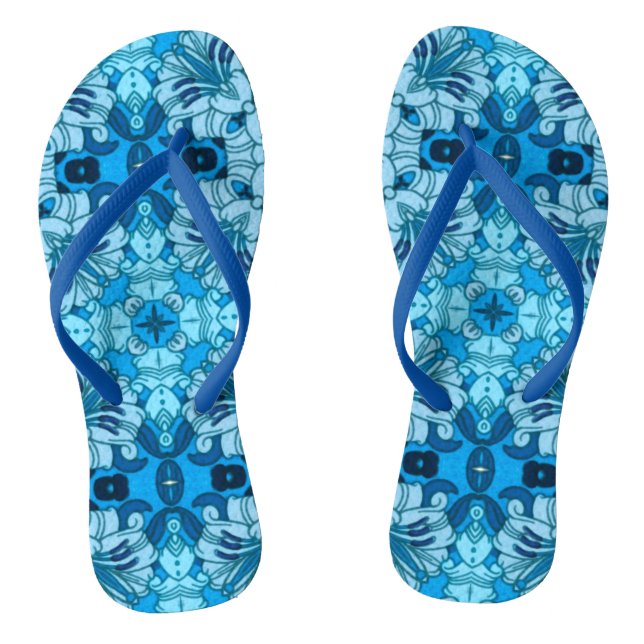 Watercolor Abstract Floral Denim Blue  Thongs (Footbed)
