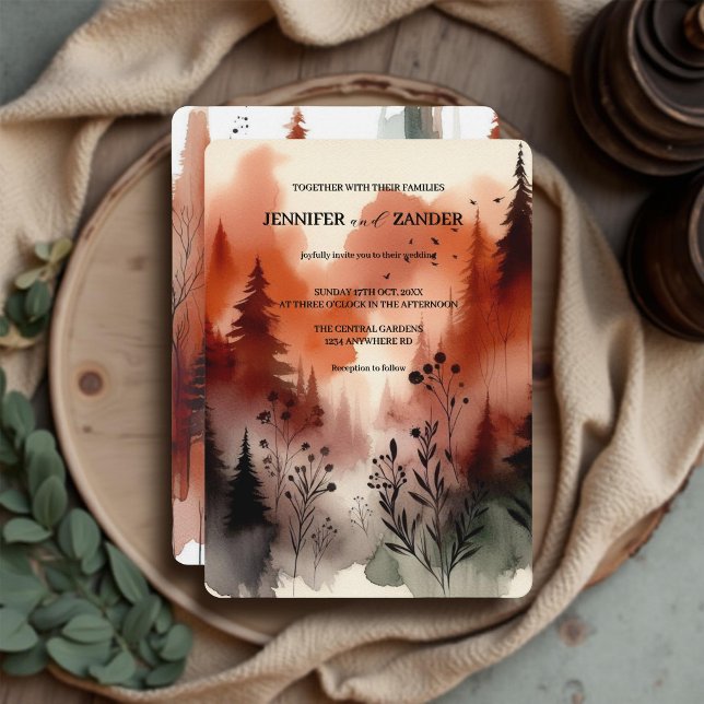 Watercolor Abstract Forest Burnt Orange Wedding  Invitation (Creator Uploaded)
