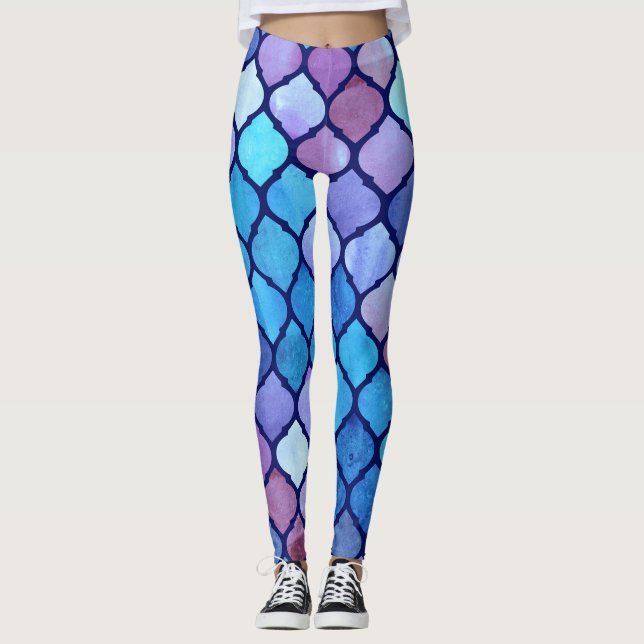 Watercolor Abstract Geometric Arab Tiles Leggings (Front)