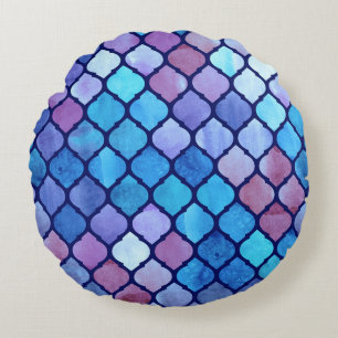Watercolor Abstract Geometric Arab Tiles Round Cushion
