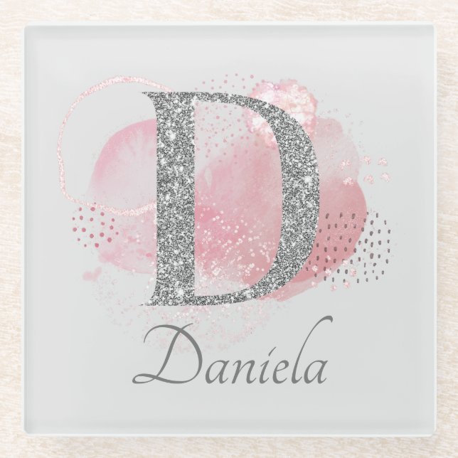 Watercolor Abstract & Glitter Letter  D  Glass Coaster (Front)