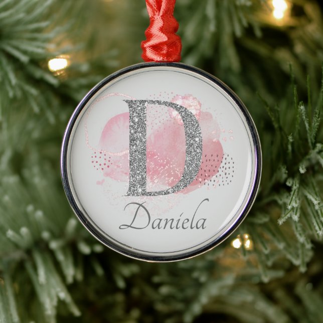 Watercolor Abstract & Glitter Letter  D   Metal Ornament (Tree)