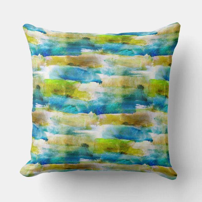 Watercolor abstract green, blue cushion (Front)