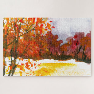 Watercolor Abstract Landscape Art Autumn Trees Jigsaw Puzzle