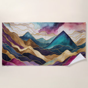 Watercolor Abstract Landscape Gold Blue Purple Beach Towel
