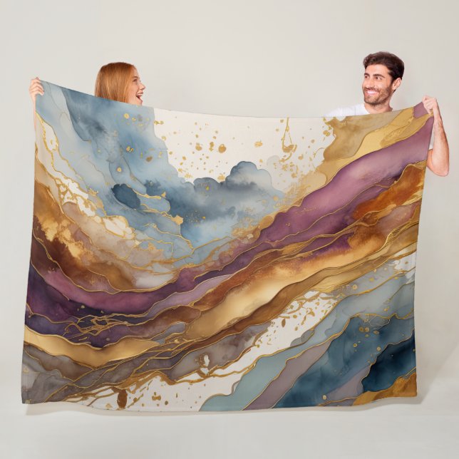 Watercolor Abstract Landscape Painting Gold Fleece Blanket (In Situ)