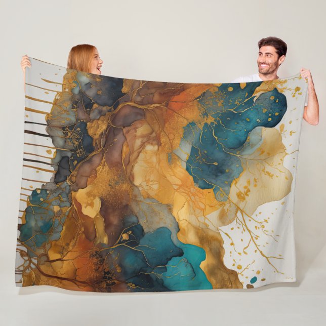 Watercolor Abstract Landscape Painting Gold Fleece Blanket (In Situ)