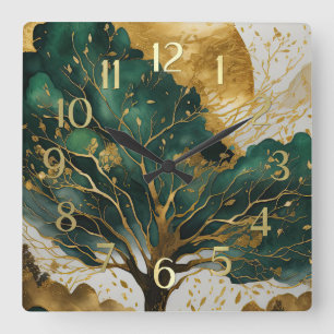 Watercolor Abstract Landscape Painting Gold II Square Wall Clock
