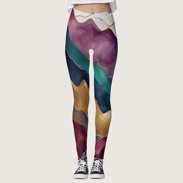Watercolor Abstract Landscape Painting Gold Leggings (Front)