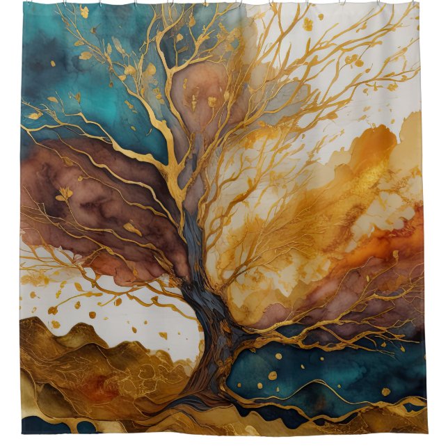 Watercolor Abstract Landscape Painting Gold Shower Curtain (Front)