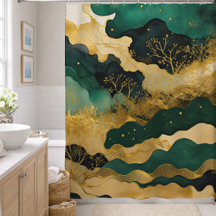 Watercolor Abstract Landscape Painting Gold Shower Curtain