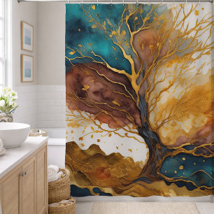Watercolor Abstract Landscape Painting Gold Shower Curtain