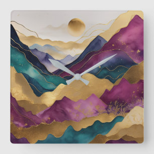 Watercolor Abstract Landscape Painting Gold Square Wall Clock