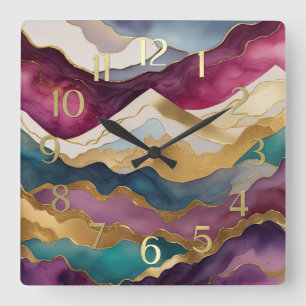 Watercolor Abstract Landscape Painting Gold  Square Wall Clock