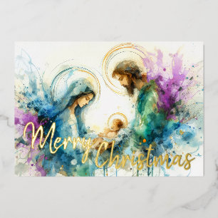 Watercolor Abstract Nativity Scene Purple Blue Foil Holiday Card