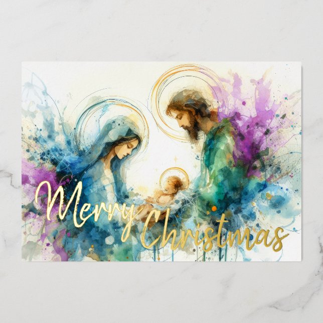 Watercolor Abstract Nativity Scene Purple Blue Foil Holiday Card (Front)