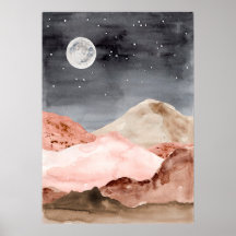 Watercolor abstract night moon desert landscape