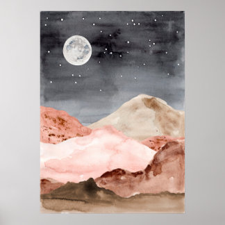Watercolor abstract night moon desert landscape poster