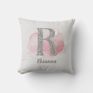 Watercolor Abstract & Silver Glitter Letter R Cushion
