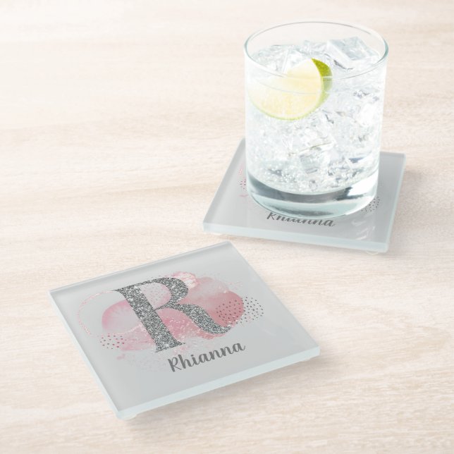 Watercolor Abstract & Silver Glitter Letter R   Glass Coaster (Angled)