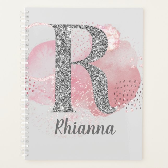 Watercolor Abstract & Silver Glitter Letter R   Planner (Front)