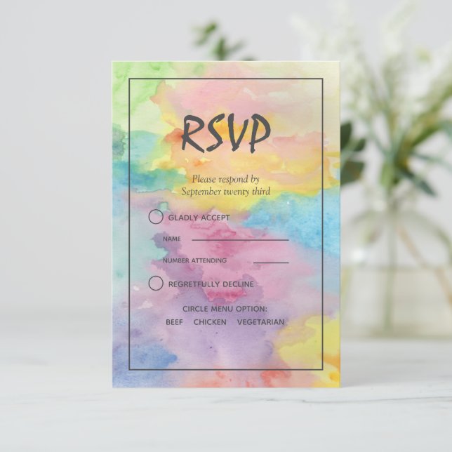 Watercolor Abstract Whimsical Colourful Fun RSVP Card (Standing Front)