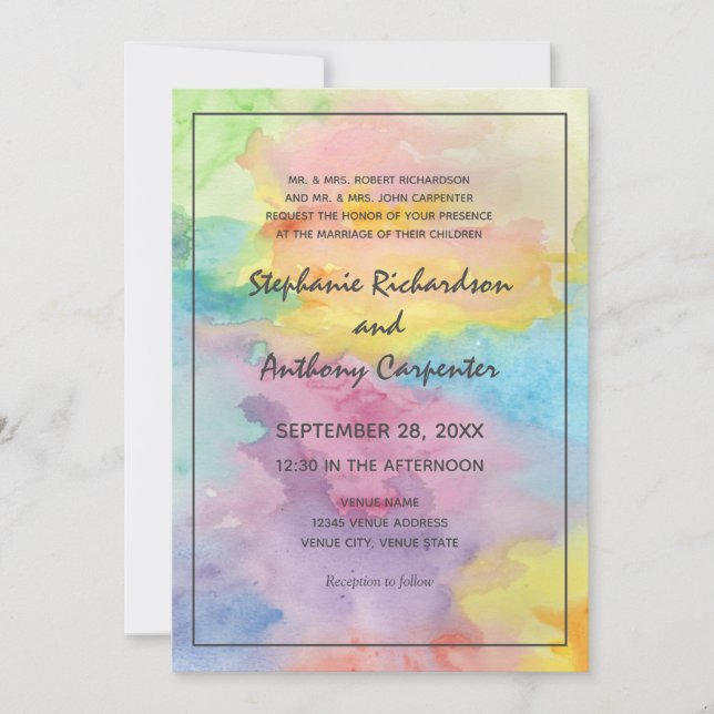 Watercolor Abstract Whimsical Colourful Fun Weddin Invitation (Front)