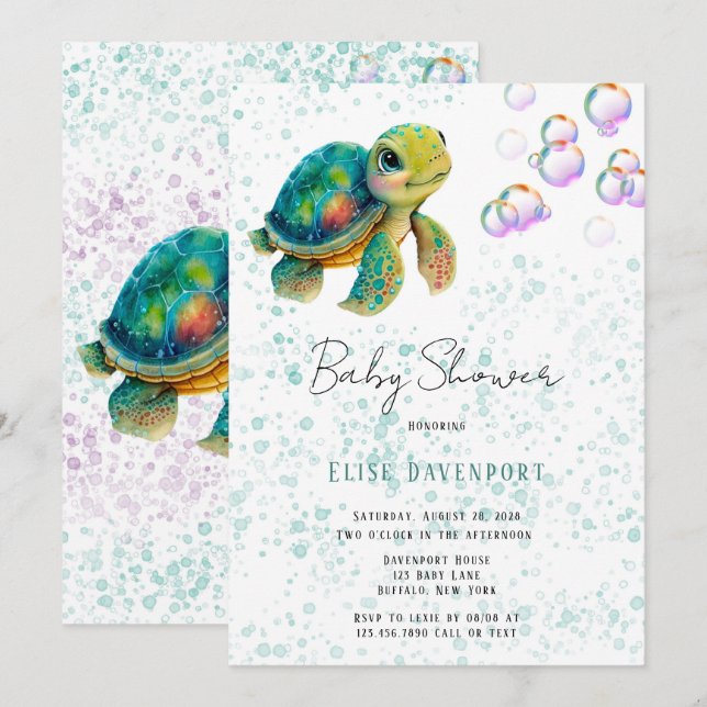 Watercolor Adorable Turtle Bubbles Baby Shower Invitation (Front/Back)