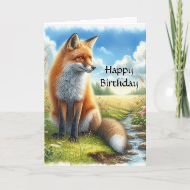 Watercolor Adult Red Fox by Stream  Birthday  Card (Front)