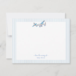 Watercolor Aeroplane Baby Boy blue and white borde Thank You Card
