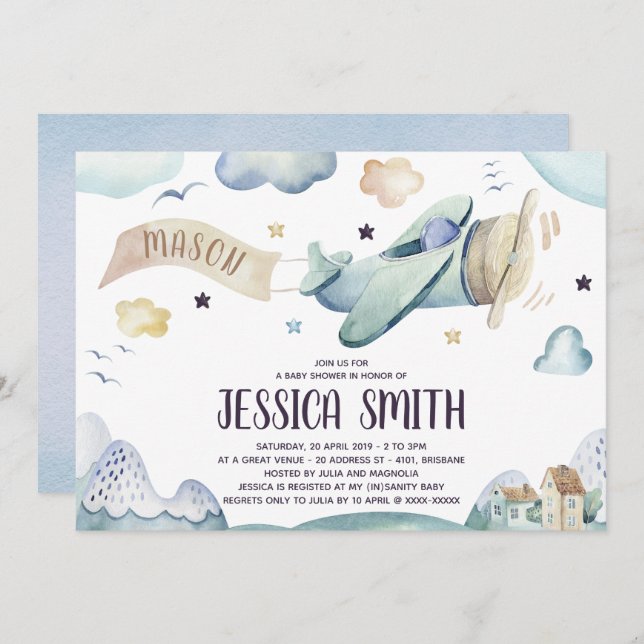Watercolor Aeroplane Baby Boy Shower Invitation (Front/Back)