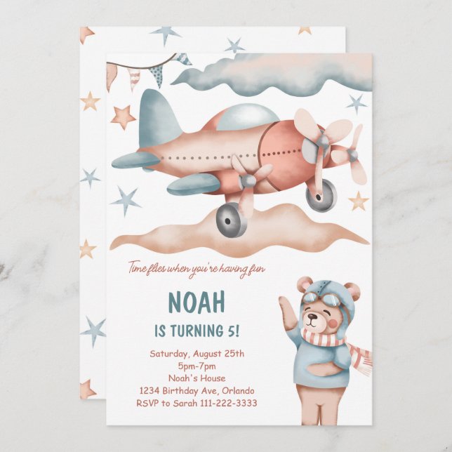Watercolor Aeroplane Bear Birthday Invitation (Front/Back)