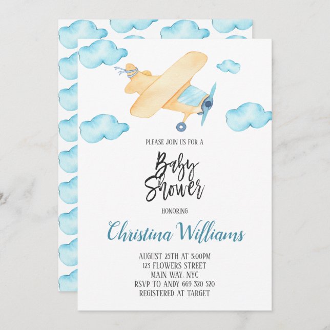 Watercolor Aeroplane Boy Baby Shower Blue Invitation (Front/Back)
