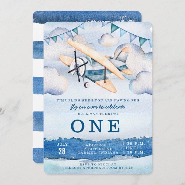 Watercolor Aeroplane Boy Birthday Party Invitation (Front/Back)