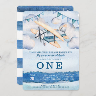 Watercolor Aeroplane Boy Birthday Party Invitation
