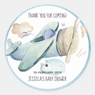 Watercolor Aeroplane Party Blue Classic Round Sticker