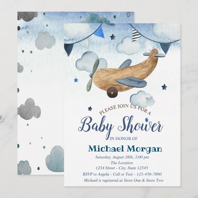 Watercolor Aeroplane Toy,Stars,CloudsBaby Shower Invitation (Front/Back)