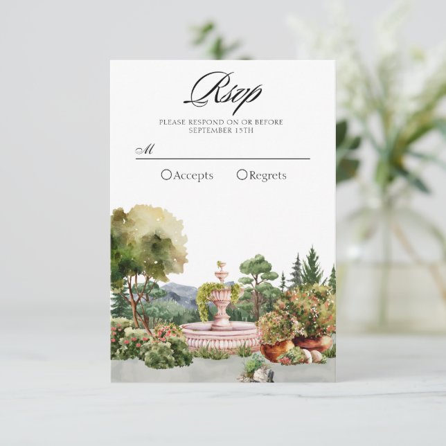 Watercolor aesthetic green garden elegant RSVP card (Standing Front)
