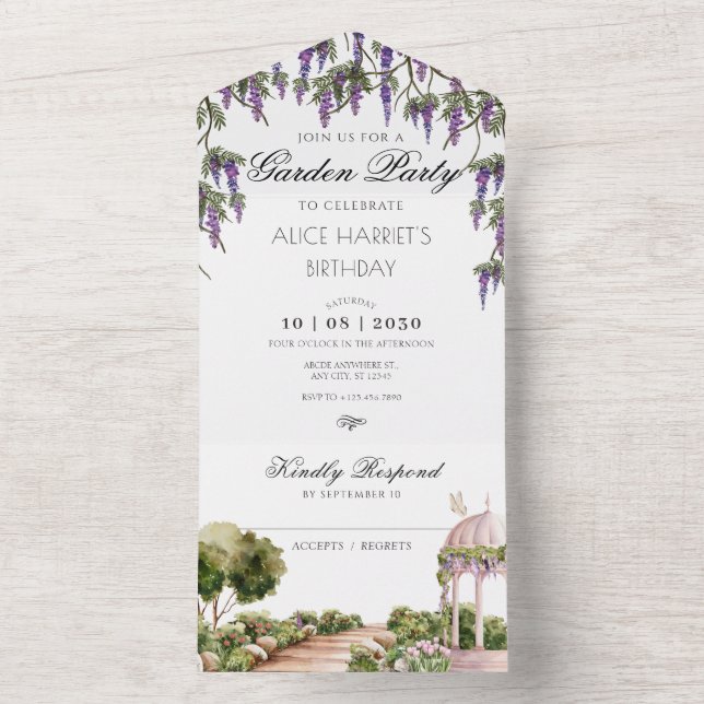 Watercolor aesthetic green garden party all in one invitation (Inside)
