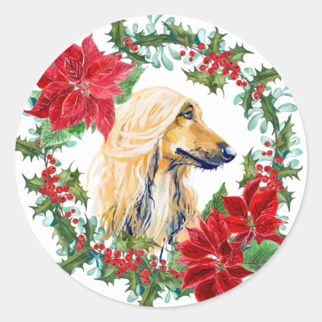 Watercolor Afghan Hound Poinsettia Holiday Wreath Classic Round Sticker (Front)